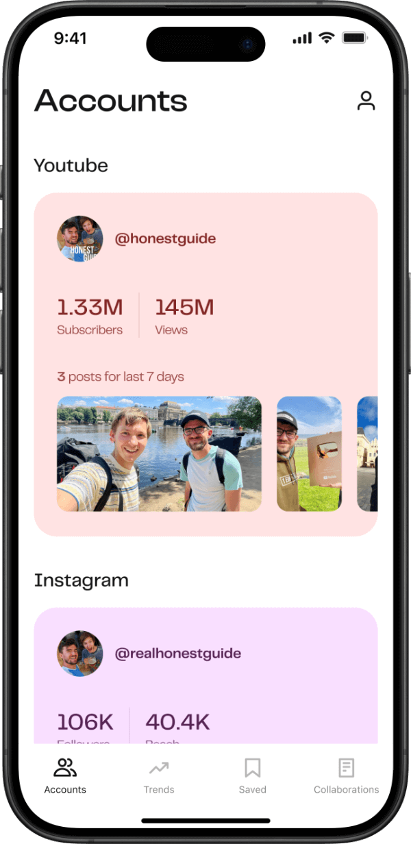 Carl for Social app displaying YouTube and Instagram account metrics