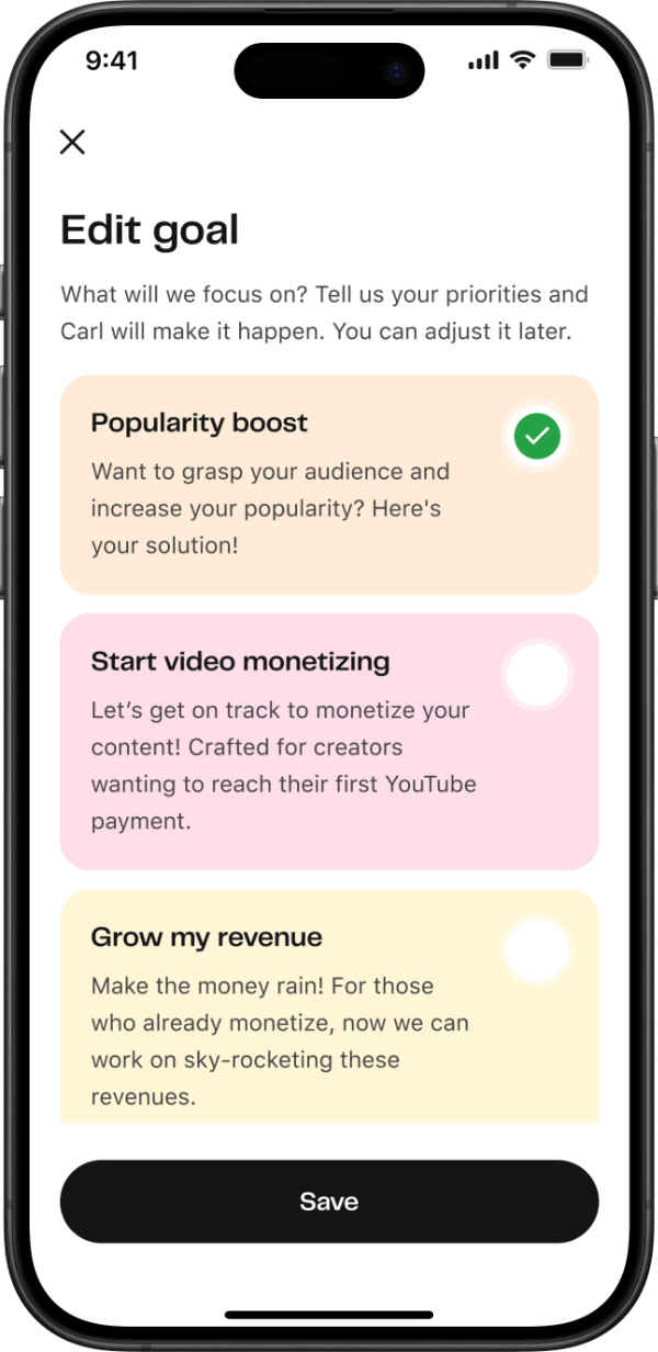 Carl for Social screen for setting content goals like popularity and revenue growth